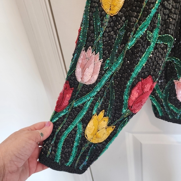NWT JUDITH ANN PLUS Tulips Black Sequin Beaded Silk Jacket Blazer Women's 3X New - Picture 3 of 12